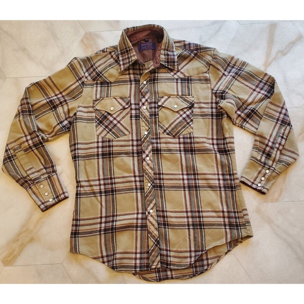 RUGGED Men's Pearl Snap Plaid 100% Virgin Acrylic Hampco Apparel Size Medium VTG